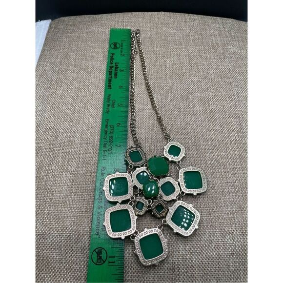 Lime Green Square Cabochon Open Back Cluster Statement 18" Gold Tone Necklace - Picture 7 of 9